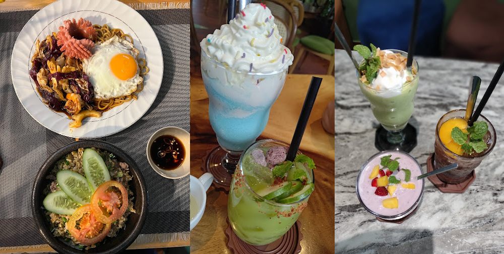 Khám Phá 8 Quán Cafe Mèo TPHCM: Thiên Đường Cho Tín Đồ Yêu Mèo 8 Đĩa mì xào và cơm rang, cùng các loại đồ uống màu sắc khác nhau trên bàn, bao gồm sinh tố và nước giải khát.