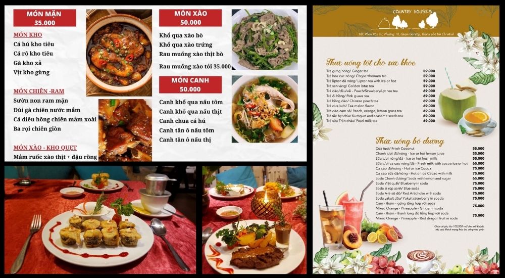 Khám Phá 10 Quán Cafe Gò Vấp Với Góc "Hidden Gem" Độc Đáo 31 Thực đơn quán ăn với các món kho, xào, canh và đồ uống, có hình ảnh minh họa món ăn và đồ uống.