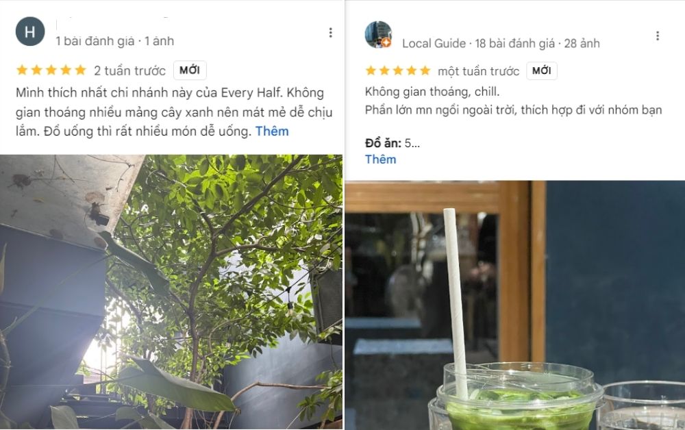 Khám Phá Top 10 Quán Cà Phê Yên Tĩnh Quận 3 Lý Tưởng Cho "Chạy Deadline" 19 Hai đánh giá về quán cà phê, một bức ảnh cây xanh, một bức ảnh đồ uống với ống hút giấy.