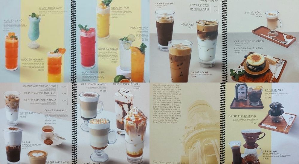 Khám Phá 10 Quán Cafe Gò Vấp Với Góc "Hidden Gem" Độc Đáo 25 Thực đơn đồ uống với nhiều loại cà phê và nước ép trái cây, được trình bày trên nền sách xoắn ốc.