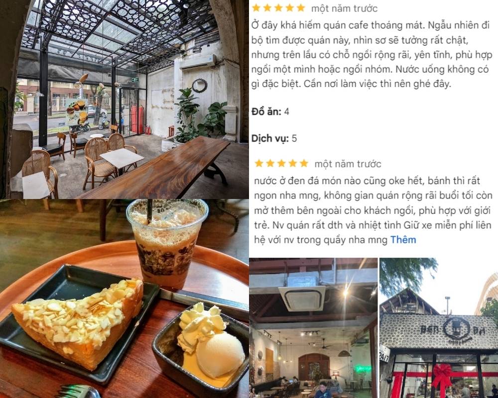 Khám Phá 8+ Quán Cafe Đêm Sài Gòn Đẹp Lung Linh Bạn Không Thể Bỏ Lỡ 14 Quán cà phê với không gian thoáng đãng, đồ uống và bánh ngọt trên bàn, kèm theo nhận xét tích cực từ khách hàng.