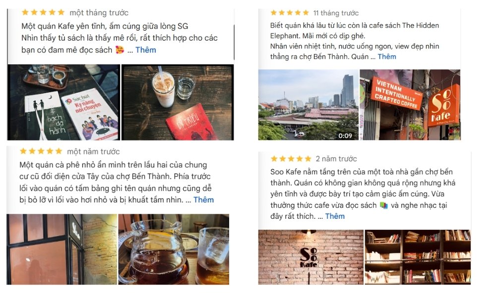 Khám Phá 15 Quán Cafe Yên Tĩnh ở Quận 1: Không Gian Thoải Mái, Thức Uống Tuyệt Hảo 8 Hình ảnh gồm các đánh giá và hình ảnh về quán cà phê, với sách và đồ uống trên bàn, cùng một biển hiệu quán.