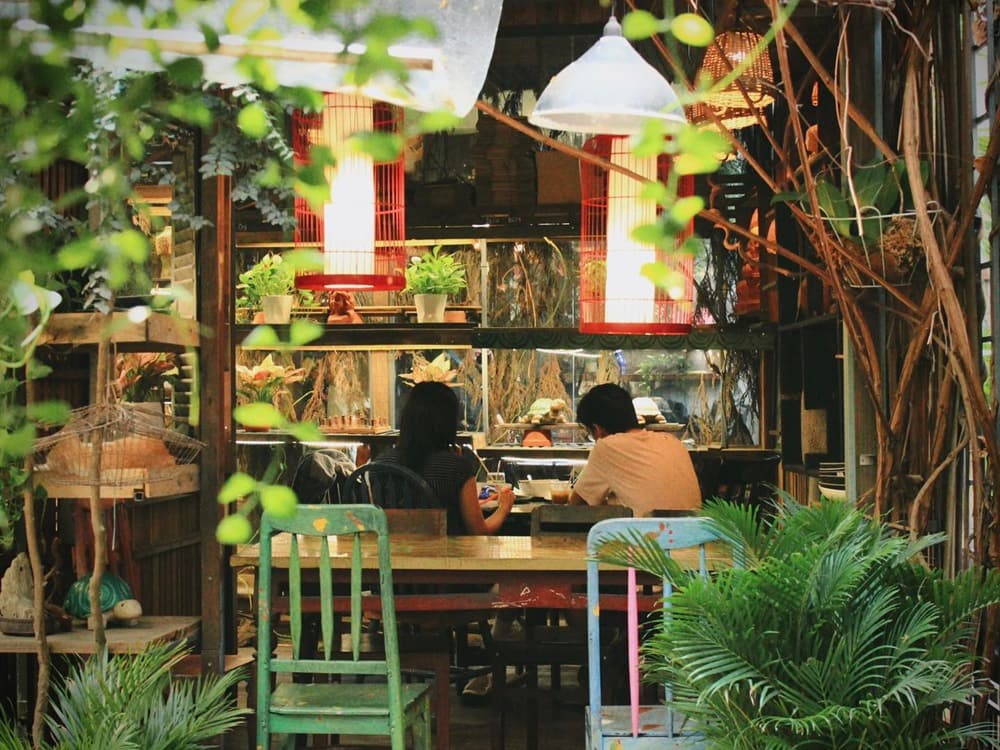 Khám Phá Cú Trên Cây Coffee: Không Gian Đà Lạt Giữa Lòng Sài Gòn 6 Hai người ngồi tại bàn trong quán cà phê trang trí cây xanh và đèn lồng, tạo không gian ấm cúng và thư giãn.