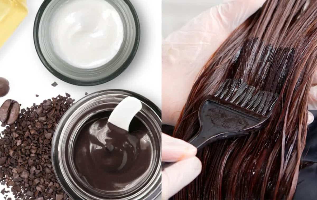 Hũ kem v&agrave; b&atilde; c&agrave; ph&ecirc; b&ecirc;n tr&aacute;i, t&oacute;c đang được nhuộm với cọ v&agrave; găng tay b&ecirc;n phải.