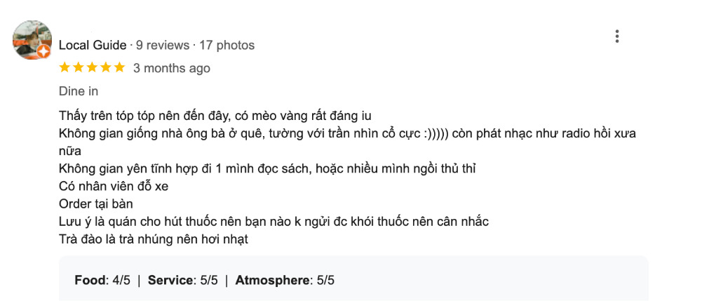 Khám Phá Cà Phê Cuối Ngõ Cầu Giấy: Nét Bình Yên Giữa Lòng Hà Nội Náo Nhiệt 17 Đánh giá quán ăn với mô tả không gian, dịch vụ và lưu ý về hút thuốc. Điểm dịch vụ và không khí: 5/5.