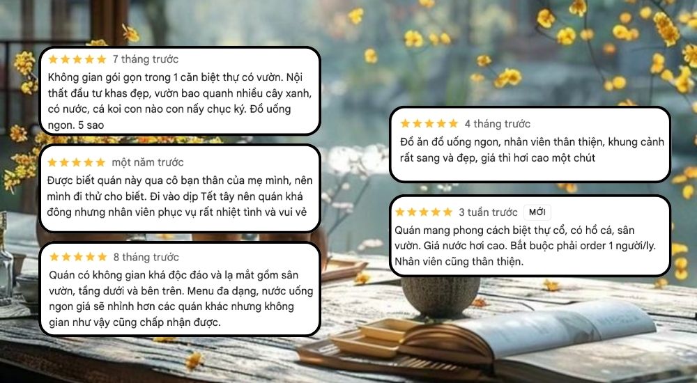 Khám Phá 10 Quán Cafe Gò Vấp Với Góc "Hidden Gem" Độc Đáo 26 Hình ảnh hiển thị các đánh giá của khách hàng về một nhà hàng với khung cảnh nền là bàn ăn và hoa trang trí.