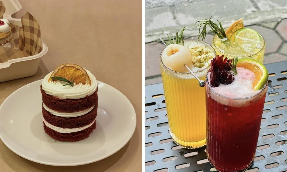 Khám Phá Top Quán Cafe Hấp Dẫn Trên Đường Nguyễn Chí Thanh - Điểm Đến Thú Vị 14 Bánh kem đỏ trên đĩa trắng và ba ly nước trái cây trang trí hoa quả trên bàn ngoài trời.