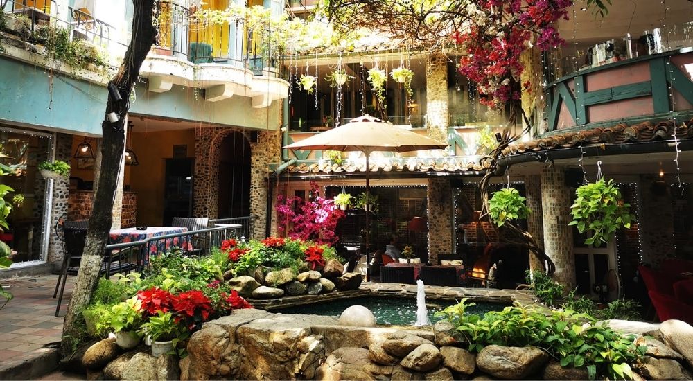 Khám Phá 10 Quán Cafe Gò Vấp Với Góc "Hidden Gem" Độc Đáo 18 Khu vườn trong nhà với cây xanh, hoa, đài phun nước nhỏ và bàn ghế dưới dù, không gian ấm cúng và thoáng đãng.