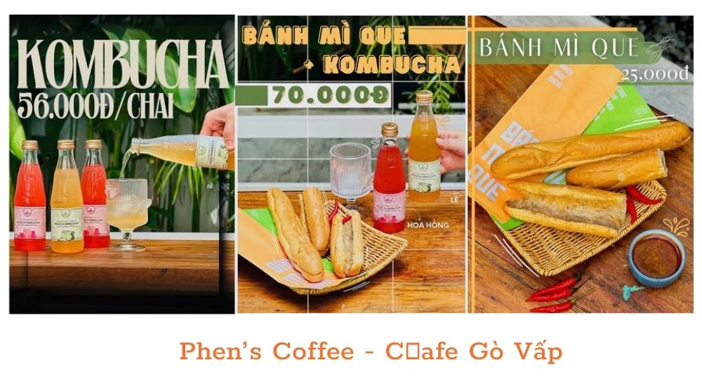 Khám Phá 10 Quán Cafe Gò Vấp Với Góc "Hidden Gem" Độc Đáo 10 Ba hình ảnh quảng cáo kombucha và bánh mì que với giá từng sản phẩm, trên nền bàn gỗ.