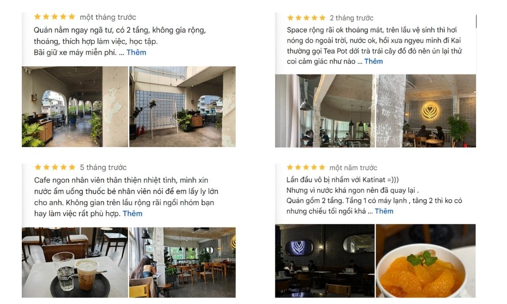 Khám Phá 15 Quán Cafe Yên Tĩnh ở Quận 1: Không Gian Thoải Mái, Thức Uống Tuyệt Hảo 6 Hình ảnh gồm nhiều bức ảnh quán cà phê với không gian rộng rãi, bàn ghế, trang trí cây xanh và đồ uống.