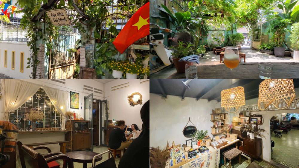 Top 11+ Quán Cafe Đẹp Tại Đà Nẵng Không Thể Bỏ Qua Năm 2025 16 Quán cà phê với không gian xanh mát, trang trí ấm cúng, có bàn ghế gỗ và đèn mây tre, khách ngồi thư giãn.