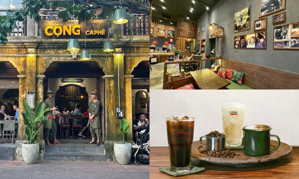 Khám Phá Hơn 10 Quán Cafe Đẹp Ở Hội An Cho Góc Sống Ảo Triệu Like 5 Quán cà phê với thiết kế cổ điển, bên trong có bàn ghế và tranh treo tường. Đồ uống được bày trên bàn.