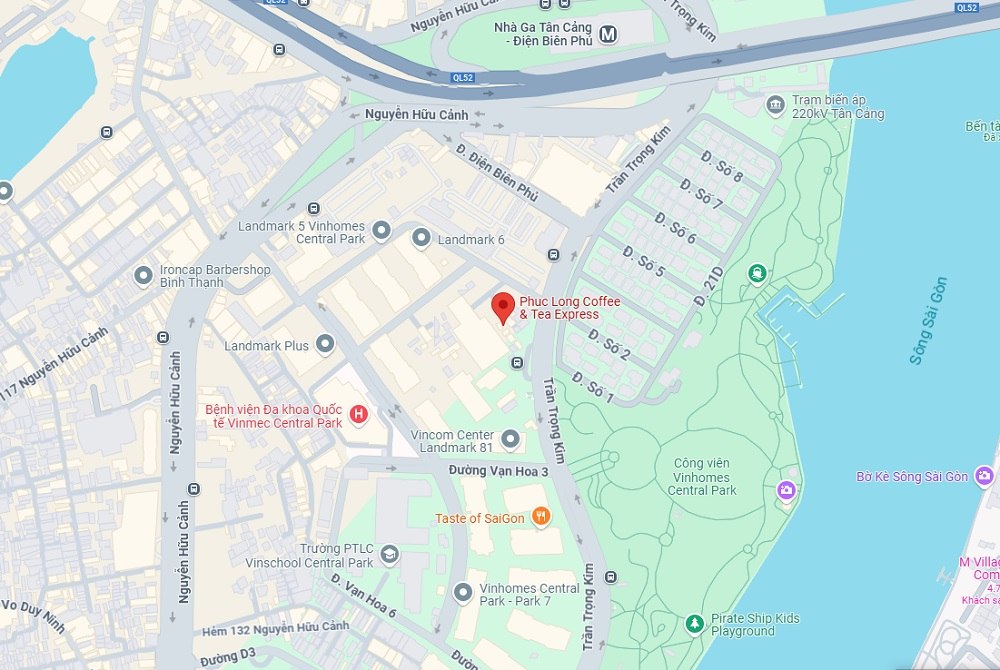 Khám Phá Những Quán Cafe View Sông Sài Gòn Đẹp Nhất Không Thể Bỏ Lỡ 20 Bản đồ hiển thị vị trí các địa điểm xung quanh khu vực Landmark, gần sông Sài Gòn, với nhiều toà nhà và công viên.