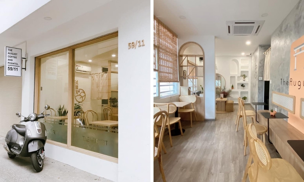Khám Phá 15 Quán Cafe Yên Tĩnh ở Quận 1: Không Gian Thoải Mái, Thức Uống Tuyệt Hảo 27 Bên ngoài và bên trong quán cà phê với thiết kế hiện đại, nội thất gỗ và không gian sáng sủa.