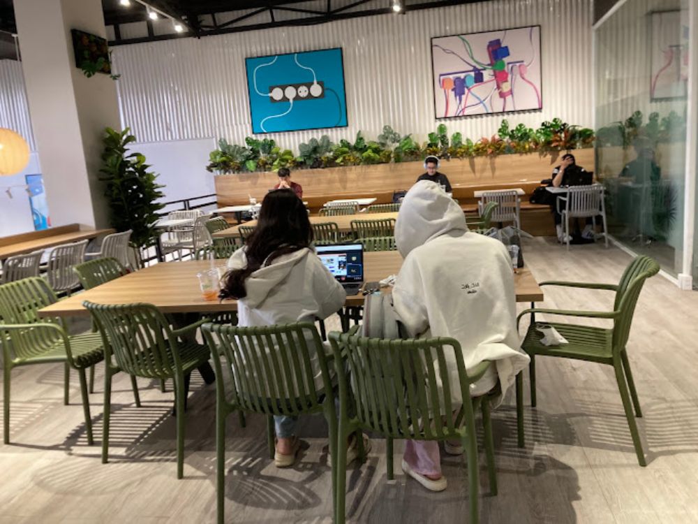 Hai người ngồi làm việc trên laptop trong quán cà phê có trang trí nghệ thuật và cây xanh.