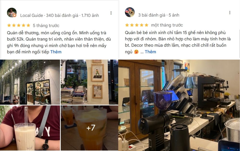 Khám Phá Top 10 Quán Cà Phê Yên Tĩnh Quận 3 Lý Tưởng Cho "Chạy Deadline" 21 Đánh giá quán cà phê với hình ảnh đồ uống, nội thất trang trí và quầy pha chế với máy pha cà phê.