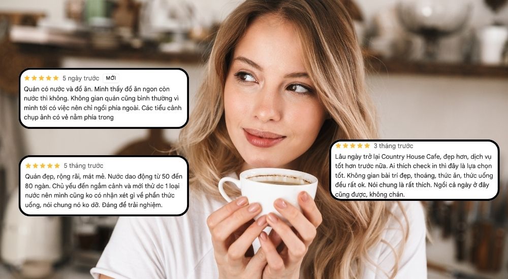 Khám Phá 10 Quán Cafe Gò Vấp Với Góc "Hidden Gem" Độc Đáo 32 Người phụ nữ cầm tách cà phê, bên cạnh là ba đánh giá về quán cà phê với nội dung và xếp hạng khác nhau.