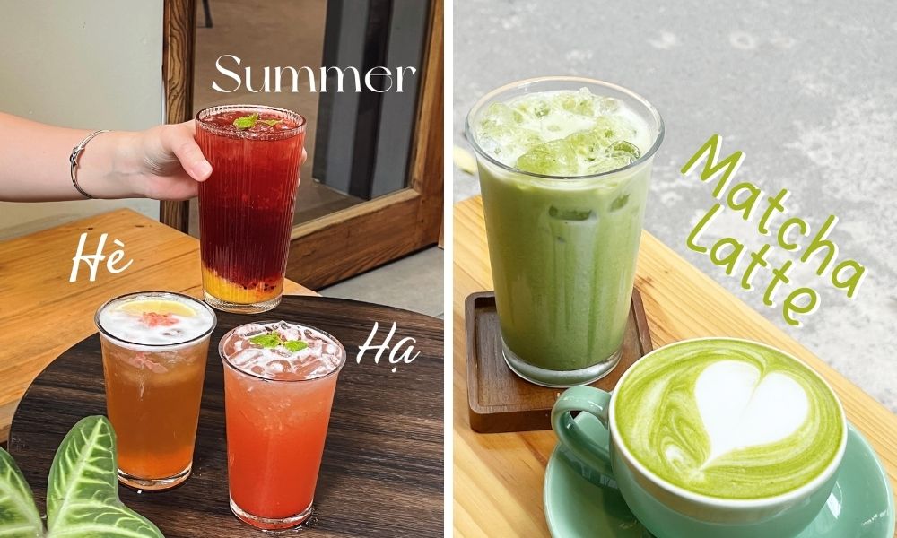Khám Phá Top Quán Cafe Hấp Dẫn Trên Đường Nguyễn Chí Thanh - Điểm Đến Thú Vị 12 Bức ảnh gồm ba ly nước trái cây mùa hè bên trái và hai ly matcha latte bên phải trên bàn gỗ.