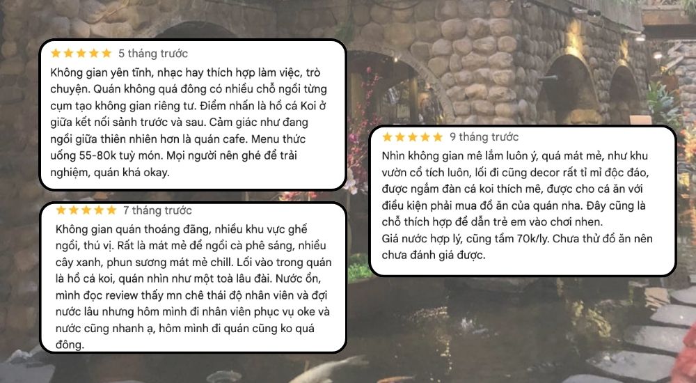 Khám Phá 10 Quán Cafe Gò Vấp Với Góc "Hidden Gem" Độc Đáo 20 Ba đánh giá về một quán cà phê với không gian thiên nhiên, hồ cá Koi và kiến trúc độc đáo.