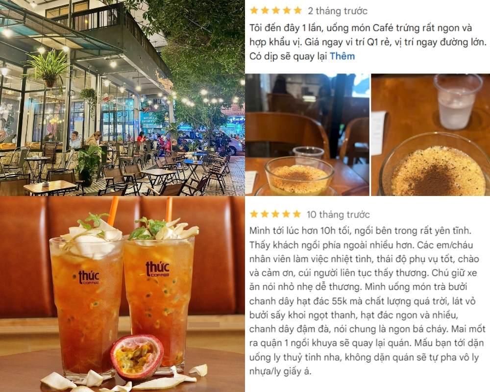 Khám Phá 8+ Quán Cafe Đêm Sài Gòn Đẹp Lung Linh Bạn Không Thể Bỏ Lỡ 6 Quán cà phê ngoài trời với bàn ghế sắp xếp gọn gàng, đồ uống và món tráng miệng trên bàn, kèm đánh giá khách hàng.