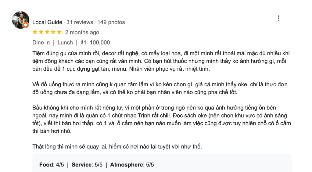 Khám Phá Cà Phê Cuối Ngõ Cầu Giấy: Nét Bình Yên Giữa Lòng Hà Nội Náo Nhiệt 16 Đánh giá quán ăn với nội dung về không gian, dịch vụ và chất lượng đồ ăn, kèm theo điểm số chi tiết.