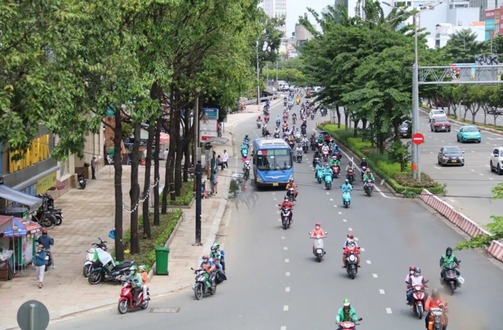 Khám Phá Cú Trên Cây Coffee: Không Gian Đà Lạt Giữa Lòng Sài Gòn 10 Đường phố đô thị đông đúc với xe máy và xe buýt di chuyển, hai bên là hàng cây xanh và vỉa hè.