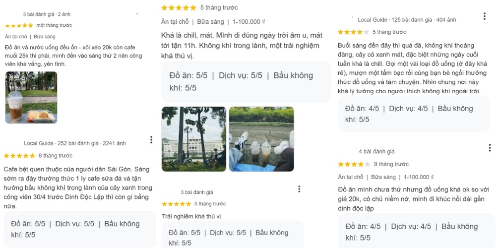 Ảnh chụp m&agrave;n h&igrave;nh c&aacute;c đ&aacute;nh gi&aacute; qu&aacute;n c&agrave; ph&ecirc;, bao gồm h&igrave;nh ảnh đồ ăn v&agrave; kh&ocirc;ng gian c&ocirc;ng vi&ecirc;n.