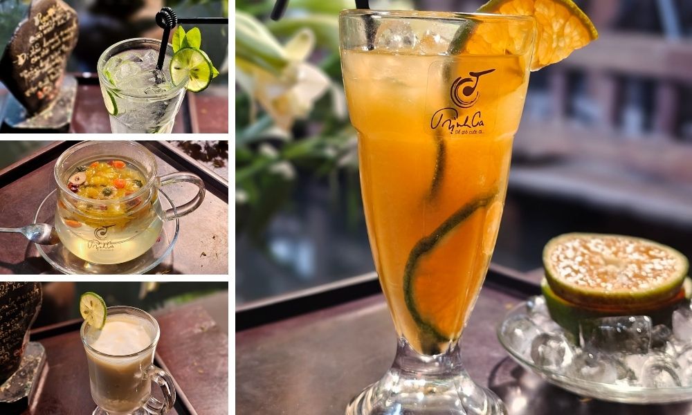 Khám Phá Top 6 Quán Cà Phê Trịnh Hấp Dẫn Tại Cầu Giấy 8 Các loại đồ uống đa dạng trong ly thủy tinh, trang trí với lát chanh, hoa quả và đá lạnh.
