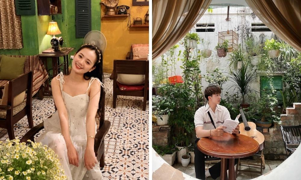 Khám Phá Top 6 Quán Cà Phê Trịnh Hấp Dẫn Tại Cầu Giấy 15 Trái: Một người ngồi trong quán cà phê trang trí cổ điển. Phải: Một người đọc sách trong khu vườn xanh mát.