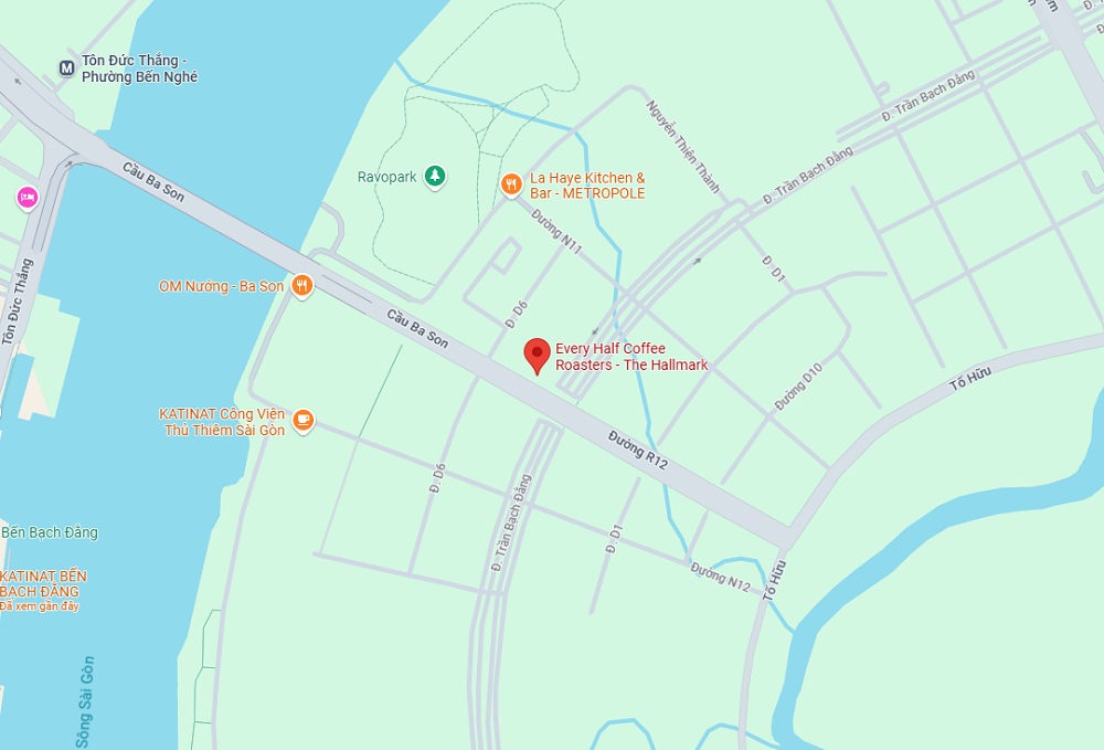Khám Phá Những Quán Cafe View Sông Sài Gòn Đẹp Nhất Không Thể Bỏ Lỡ 18 Bản đồ hiển thị vị trí các quán cà phê, nhà hàng và công viên gần khu vực Cầu Ba Son, TP. Hồ Chí Minh.