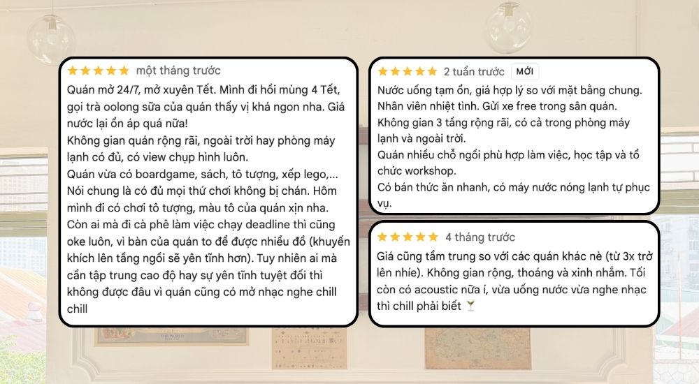 Khám Phá 10 Quán Cafe Gò Vấp Với Góc "Hidden Gem" Độc Đáo 23 Hình ảnh các đánh giá về một quán cà phê, bao gồm thông tin về không gian và dịch vụ của quán.