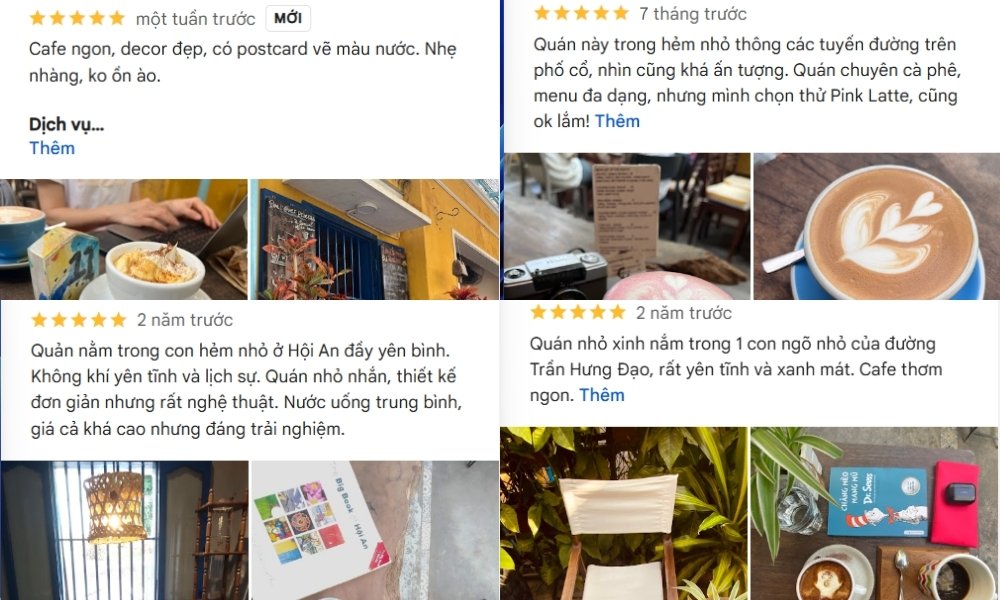 Khám Phá Hơn 10 Quán Cafe Đẹp Ở Hội An Cho Góc Sống Ảo Triệu Like 22 Ảnh ghép gồm hình ảnh cà phê, không gian quán, và các đánh giá của khách hàng về quán cà phê.