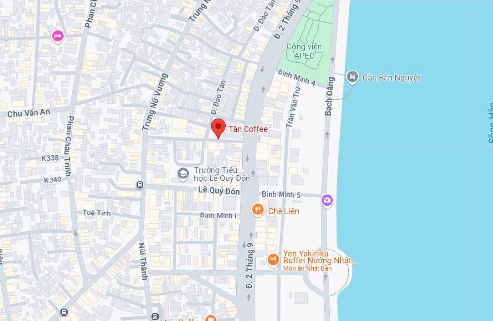 Top 11+ Quán Cafe Đẹp Tại Đà Nẵng Không Thể Bỏ Qua Năm 2025 17 Bản đồ khu vực với các địa điểm nổi bật như quán cà phê, trường học, công viên và cầu gần bờ sông.