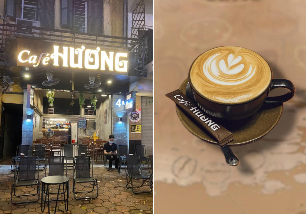 Quán Cafe Hương ban đêm với ly cà phê latte nghệ thuật trên nền bàn nâu, không gian mộc mạc, ấm cúng.