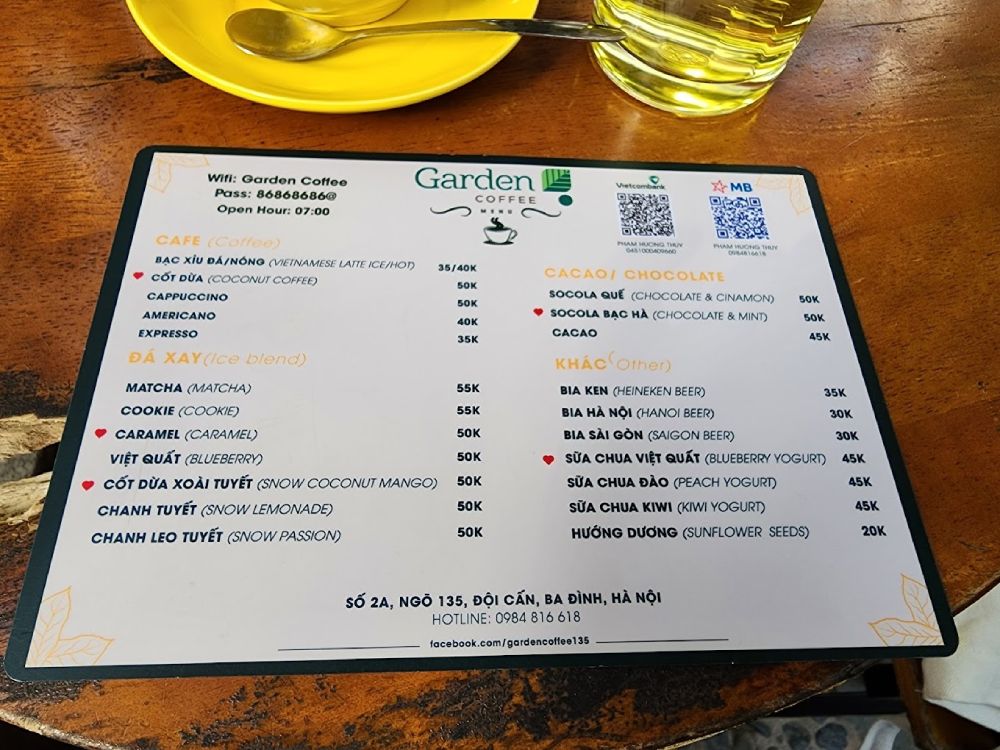 Khám Phá Garden Coffee Đội Cấn: Không Gian Yên Tĩnh Giữa Lòng Thủ Đô 10 Thực đơn đồ uống tại quán cà phê, bao gồm các loại cà phê, sinh tố và thức uống khác.