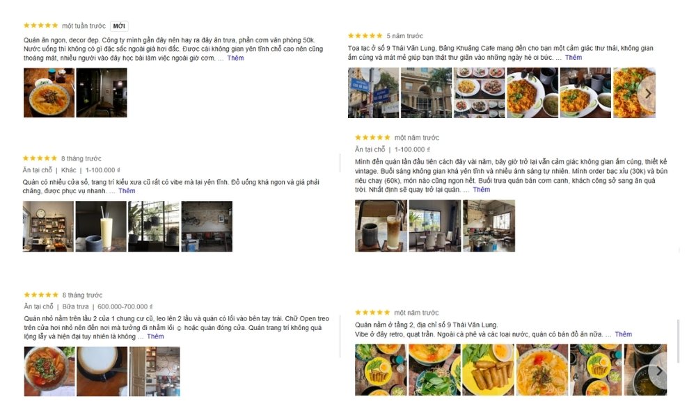 Khám Phá 15 Quán Cafe Yên Tĩnh ở Quận 1: Không Gian Thoải Mái, Thức Uống Tuyệt Hảo 16 Hình ảnh chụp màn hình các đánh giá quán ăn với hình món ăn và không gian quán trên nền trang web.