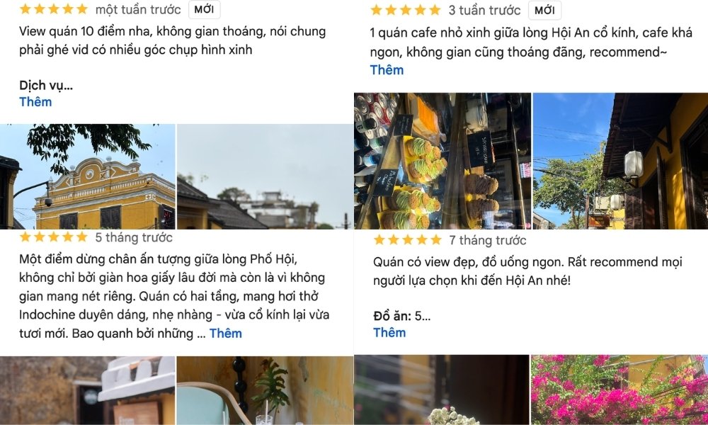 Khám Phá Hơn 10 Quán Cafe Đẹp Ở Hội An Cho Góc Sống Ảo Triệu Like 12 Ảnh chụp màn hình các đánh giá và hình ảnh về quán cafe với không gian và đồ ăn tại Hội An.