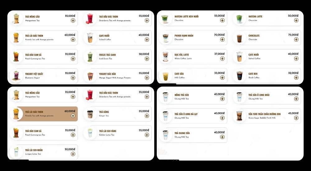 Khám Phá 10 Quán Cafe Gò Vấp Với Góc "Hidden Gem" Độc Đáo 22 Menu đồ uống với các loại trà, cà phê và sữa, kèm giá tiền và tên món bằng tiếng Việt và tiếng Anh.