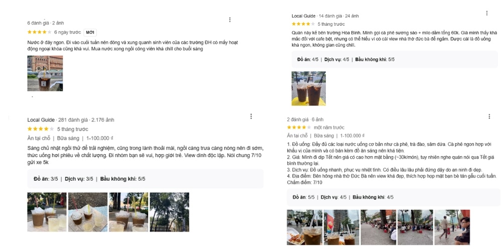 B&agrave;i đ&aacute;nh gi&aacute; đồ uống v&agrave; dịch vụ tại một qu&aacute;n c&agrave; ph&ecirc; với h&igrave;nh ảnh đồ uống v&agrave; kh&ocirc;ng gian qu&aacute;n.