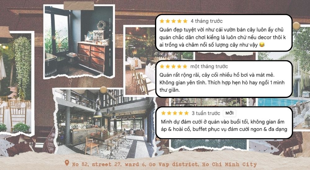 Khám Phá 10 Quán Cafe Gò Vấp Với Góc "Hidden Gem" Độc Đáo 14 Hình ảnh gồm các góc chụp của một quán ăn, với nội thất sang trọng và các đánh giá từ khách hàng.
