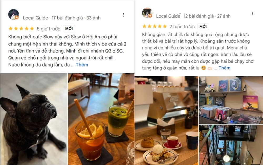 Khám Phá Top 10 Quán Cà Phê Yên Tĩnh Quận 3 Lý Tưởng Cho "Chạy Deadline" 13 Hai bài đánh giá quán cà phê, với hình ảnh chú chó và đồ uống, cùng cảnh quầy pha chế và kệ chứa album.