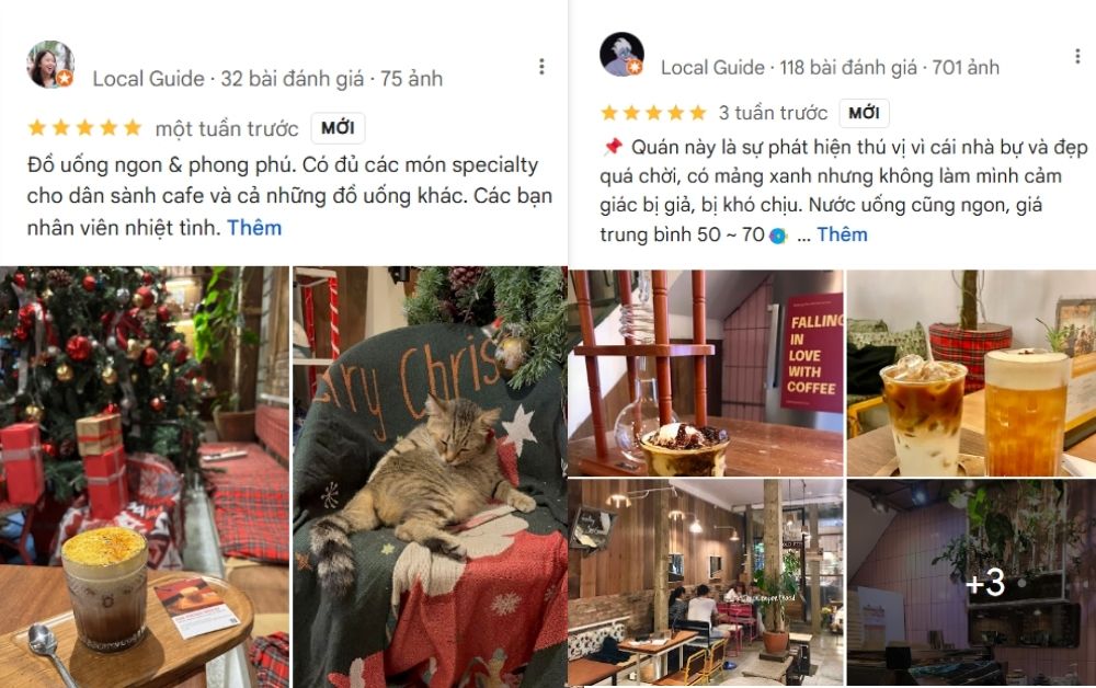 Khám Phá Top 10 Quán Cà Phê Yên Tĩnh Quận 3 Lý Tưởng Cho "Chạy Deadline" 10 Đánh giá quán cà phê với hình ảnh đồ uống, trang trí Giáng Sinh, mèo nằm trên ghế, và không gian quán thân thiện.