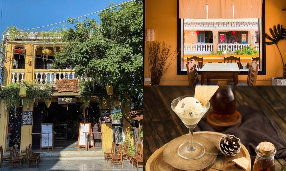 Khám Phá Hơn 10 Quán Cafe Đẹp Ở Hội An Cho Góc Sống Ảo Triệu Like 17 Quán cà phê cổ kính với mặt tiền vàng, bàn ghế gỗ bên trong, bên cạnh là ly kem trang trí hấp dẫn.