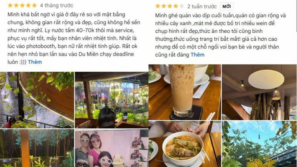 Khám Phá Du Miên Garden Cafe: Địa Điểm Độc Đáo Ngắm Sài Gòn Từ Trên Cao 10 Ảnh chụp màn hình đánh giá trực tuyến về quán cà phê, kèm ảnh không gian và món ăn của quán.