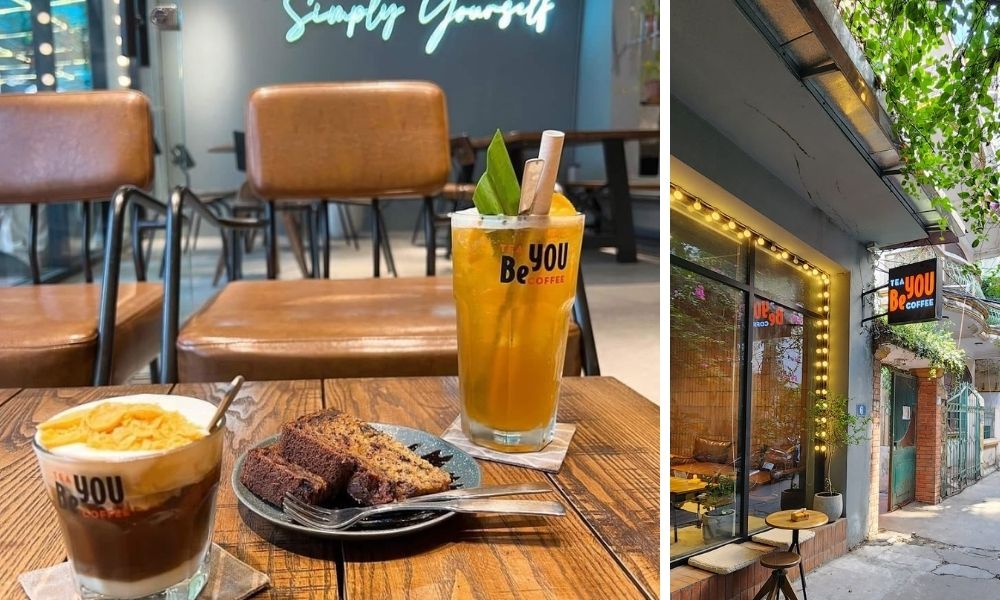 Khám Phá Top Quán Cafe Hấp Dẫn Trên Đường Nguyễn Chí Thanh - Điểm Đến Thú Vị 20 Quán cà phê với đồ uống và bánh ngọt trên bàn, nội thất hiện đại; bên ngoài có cây xanh và bảng hiệu.