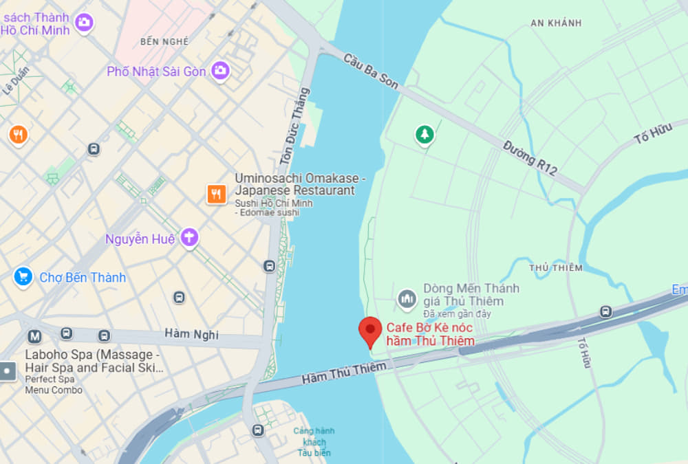 Khám Phá Cafe Bờ Kè Nóc Hầm Thủ Thiêm: Địa Điểm Thư Giãn và Ngắm Cảnh Tuyệt Vời 8 Bản đồ khu vực trung tâm TP. Hồ Chí Minh, hiển thị các đường phố và địa điểm nổi bật gần hầm Thủ Thiêm.