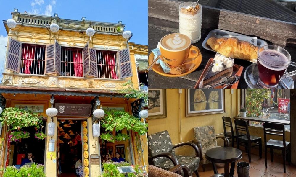 Khám Phá Hơn 10 Quán Cafe Đẹp Ở Hội An Cho Góc Sống Ảo Triệu Like 3 Quán cà phê cổ với tường vàng, đèn lồng trắng; bên trong có bàn ghế, bữa sáng với cà phê và bánh croissant.