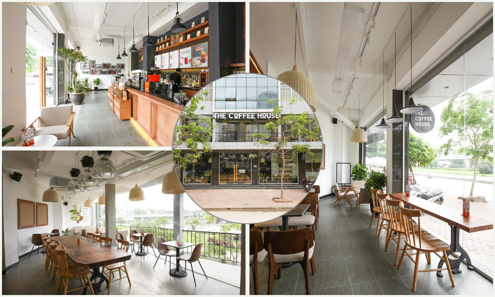 Không gian thoáng đãng và hiện đại của quán cà phê với nội thất sang trọng.
