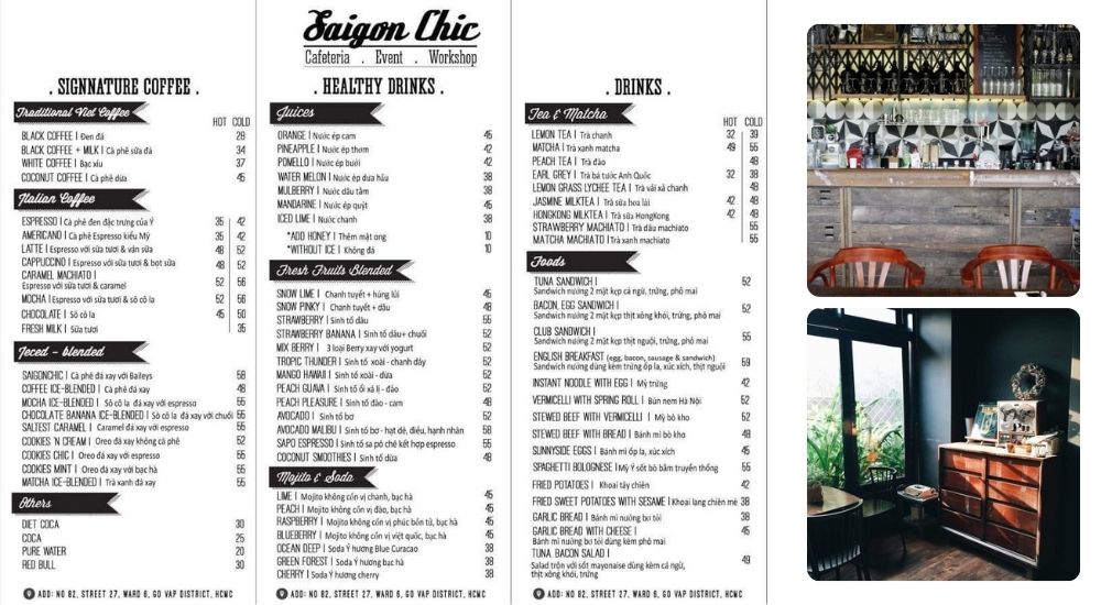 Khám Phá 10 Quán Cafe Gò Vấp Với Góc "Hidden Gem" Độc Đáo 13 Thực đơn quán cà phê với các loại đồ uống, ảnh quầy bar và góc trang trí nội thất sáng tạo.