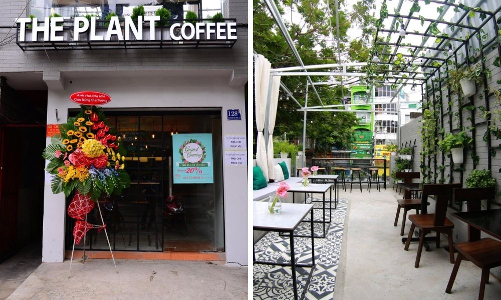 Khám Phá 15 Quán Cafe Yên Tĩnh ở Quận 1: Không Gian Thoải Mái, Thức Uống Tuyệt Hảo 21 Mặt tiền và sân thượng của quán cà phê với trang trí hoa và cây xanh, bàn ghế gỗ và tường trang trí cây leo.